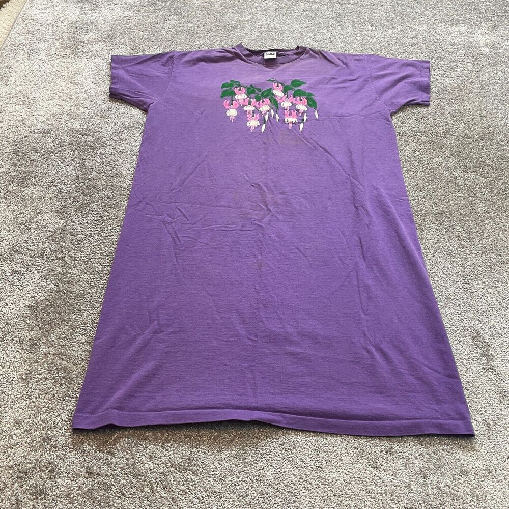 Anvil Tunic T Shirt Dress womens One Size Purple Floral Short Sleeve Cotton Top